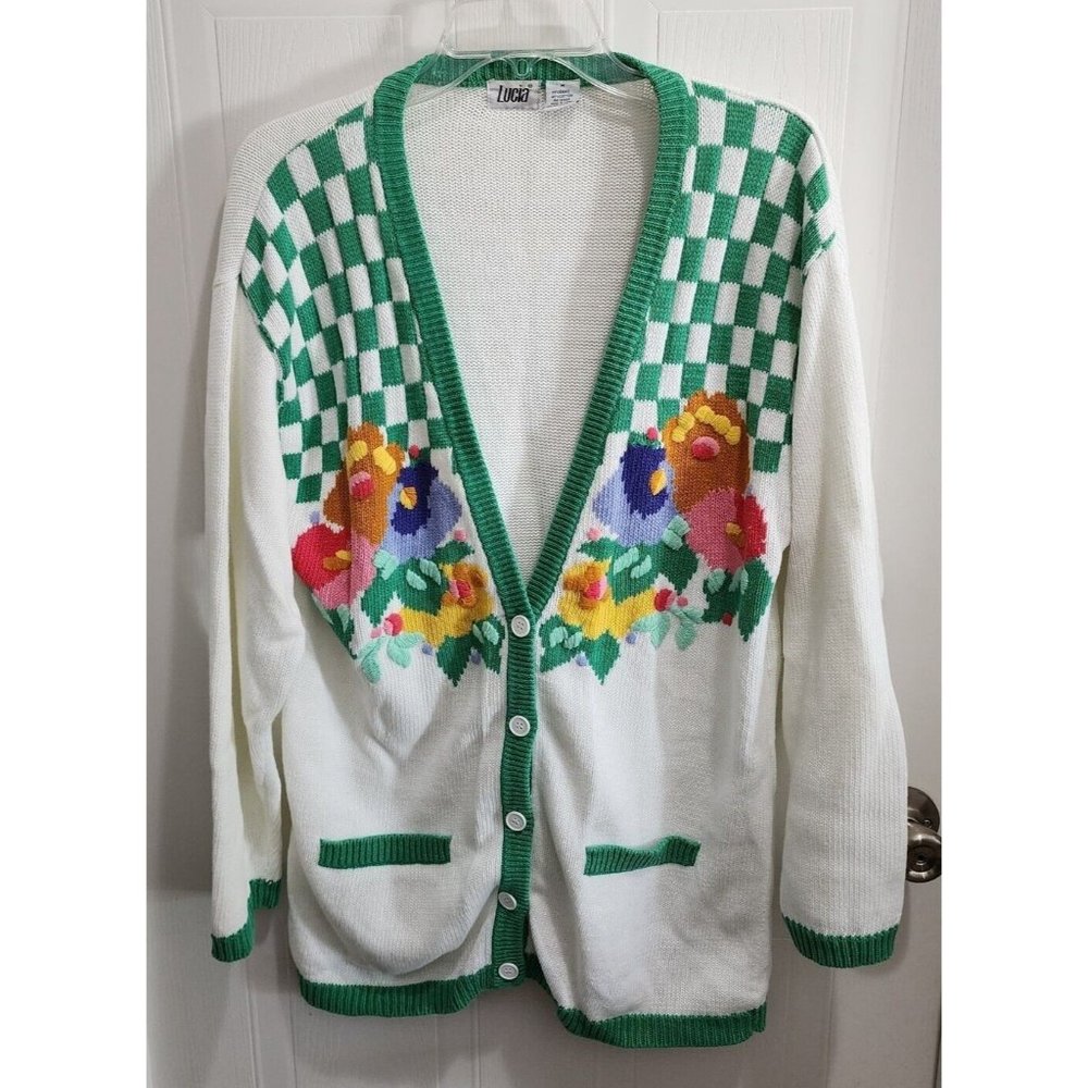 Vtg 90s Women's L/S Grandma Cardigan Sweater Floral Check Print Cottagecore Sz M